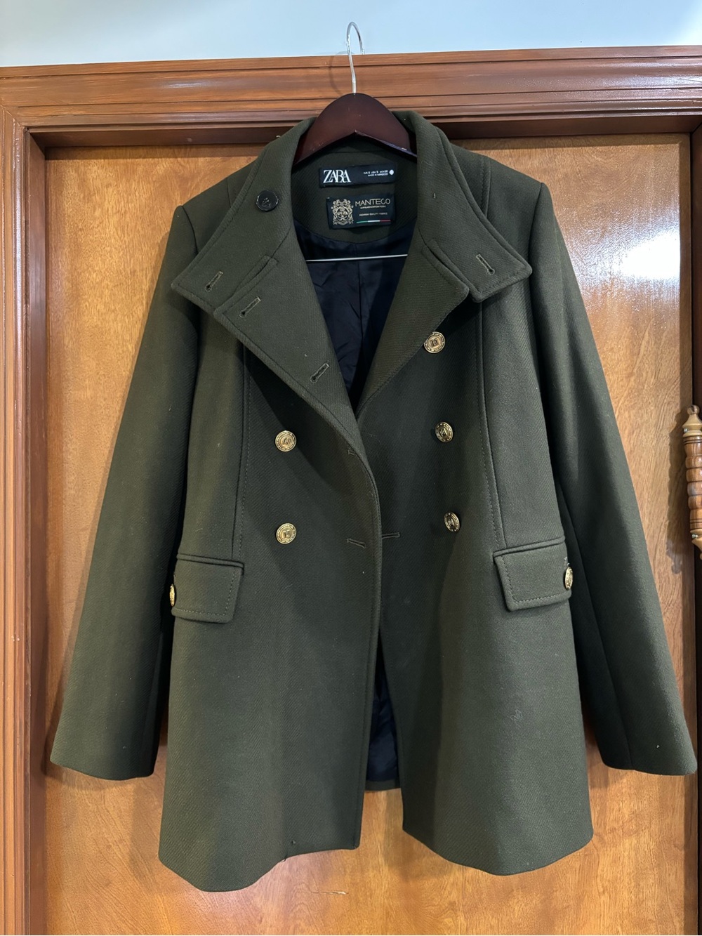 ZARA Olive Green Manteco Wool Blend Double Breasted Coat Size S